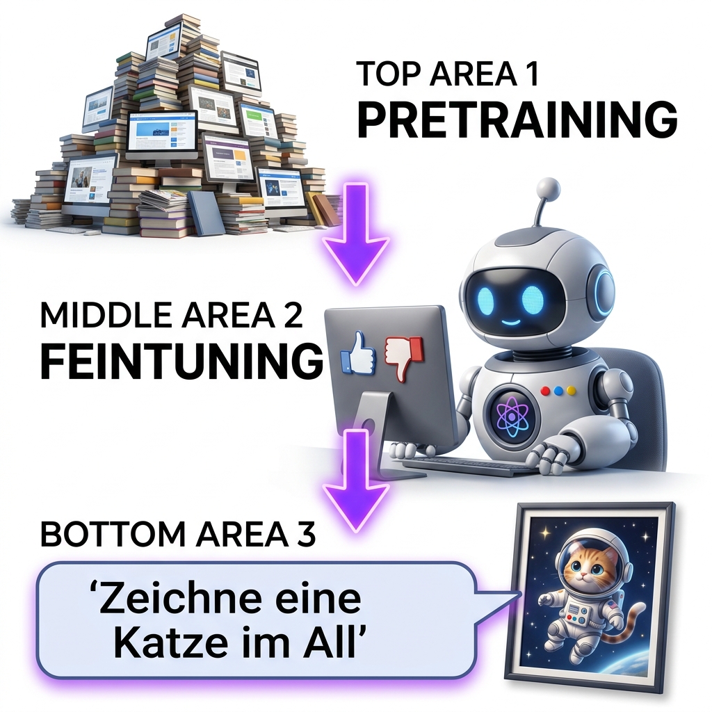 Drei Phasen: Pretraining · Feintuning · Prompt-Inference.